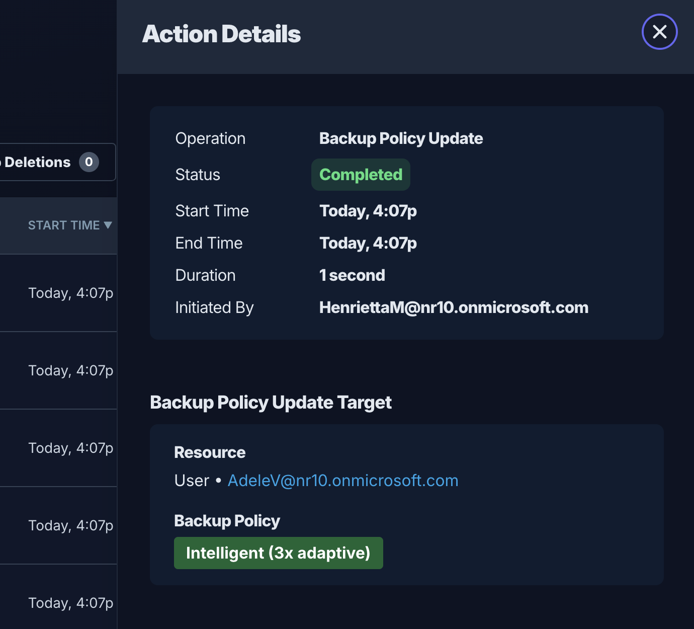 Backup policy update activity details