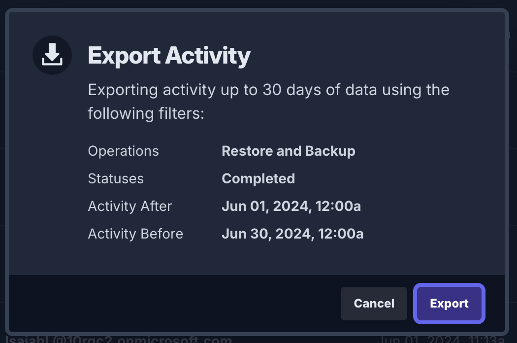 Activity Export confirmation dialog